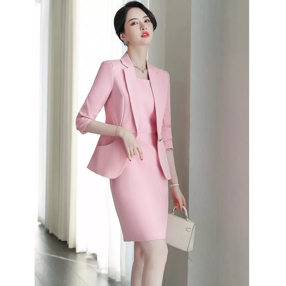 粉色西装外套女主持人正装工作服美容师套装职业装气质女神范西服