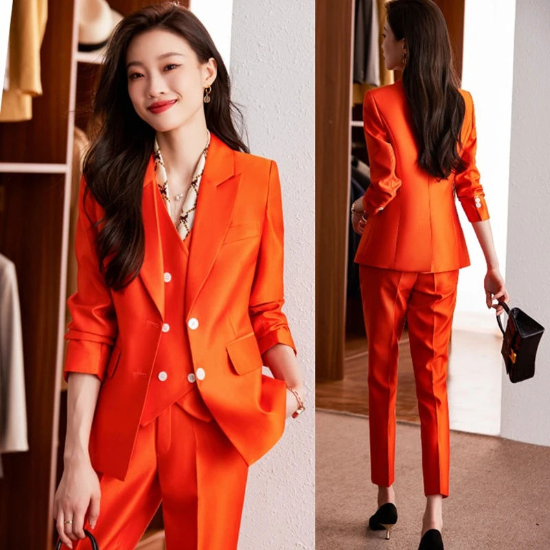 春装气质女神范高端职业小西装外套女橙色醋酸正装经理工作服套装