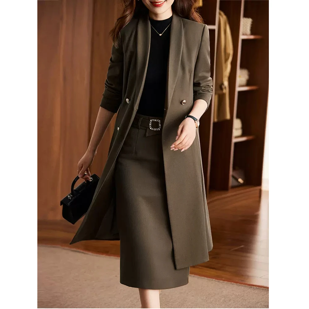 咖色中长款西装外套女冬季加厚秋冬风衣大衣高级感职业套装套裙春