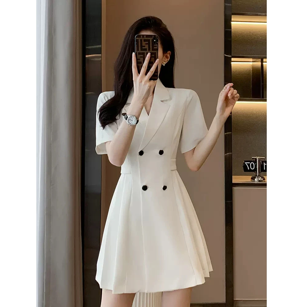 短袖连衣裙女夏季薄2025新款时尚气质女神范高级感百褶职业西装裙