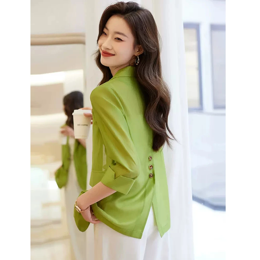 绿色西装外套女夏季小个子气质七分袖冰丝薄款防晒小西服休闲上衣