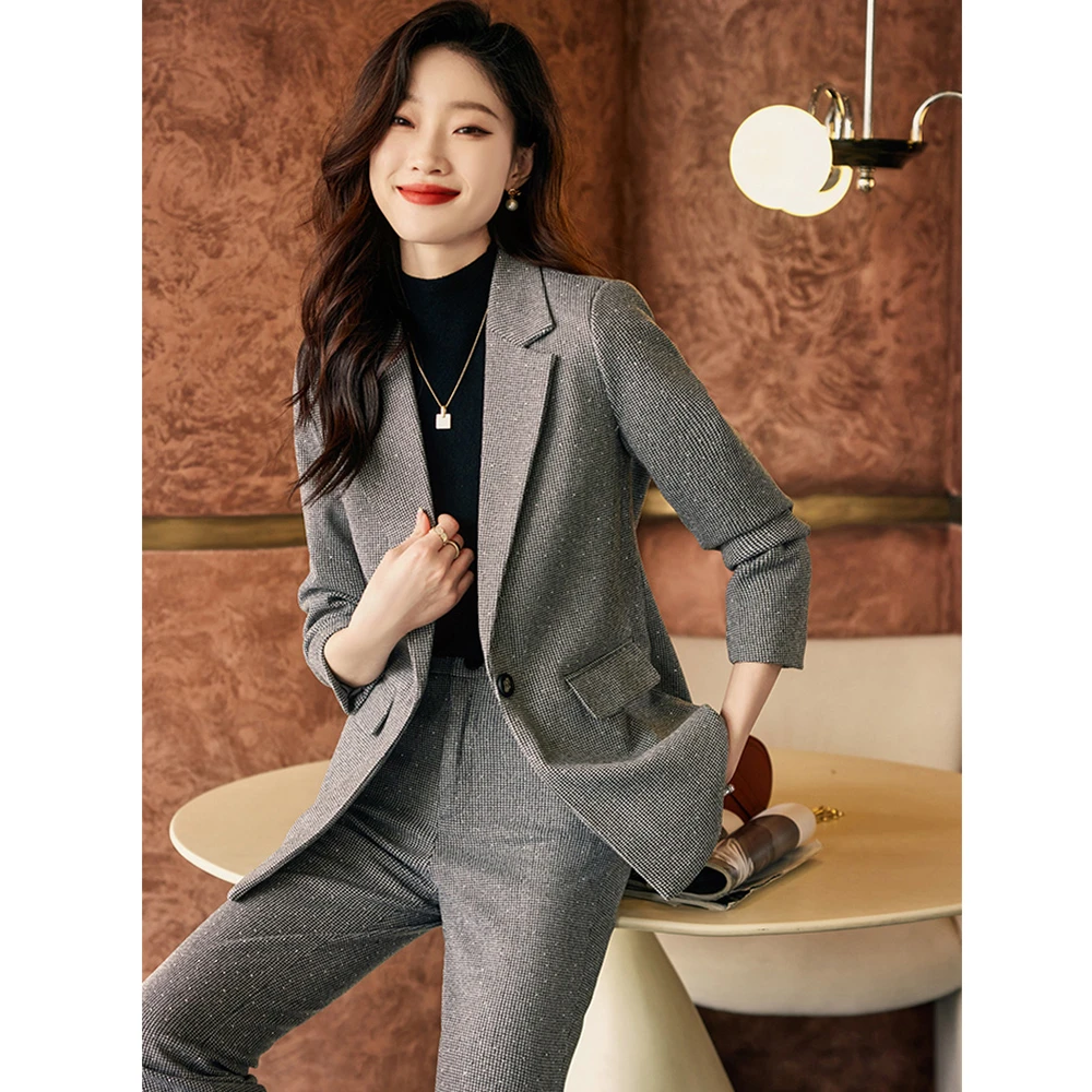 高端亮片西装套装女2023春秋韩版轻熟御姐气质外套喇叭裤职业套装