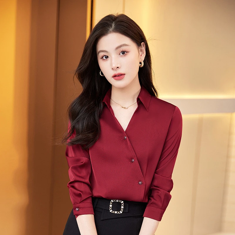 岚子宠粉醋酸缎面衬衫女长袖职业装高级感春秋款气质红色雪纺衬衣