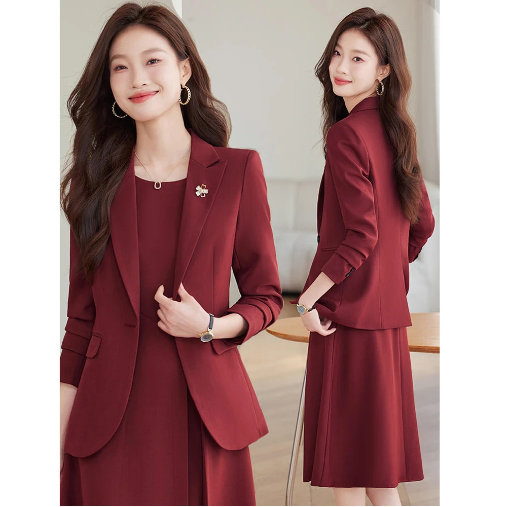 红色西装套装女2025春秋季新款气质修身连衣裙职业正装西服两件套