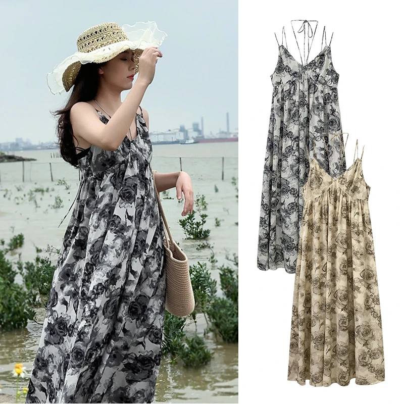 2023夏季女款爆款新款水墨玫瑰宽松慵懒风时尚气质吊带裙连衣裙