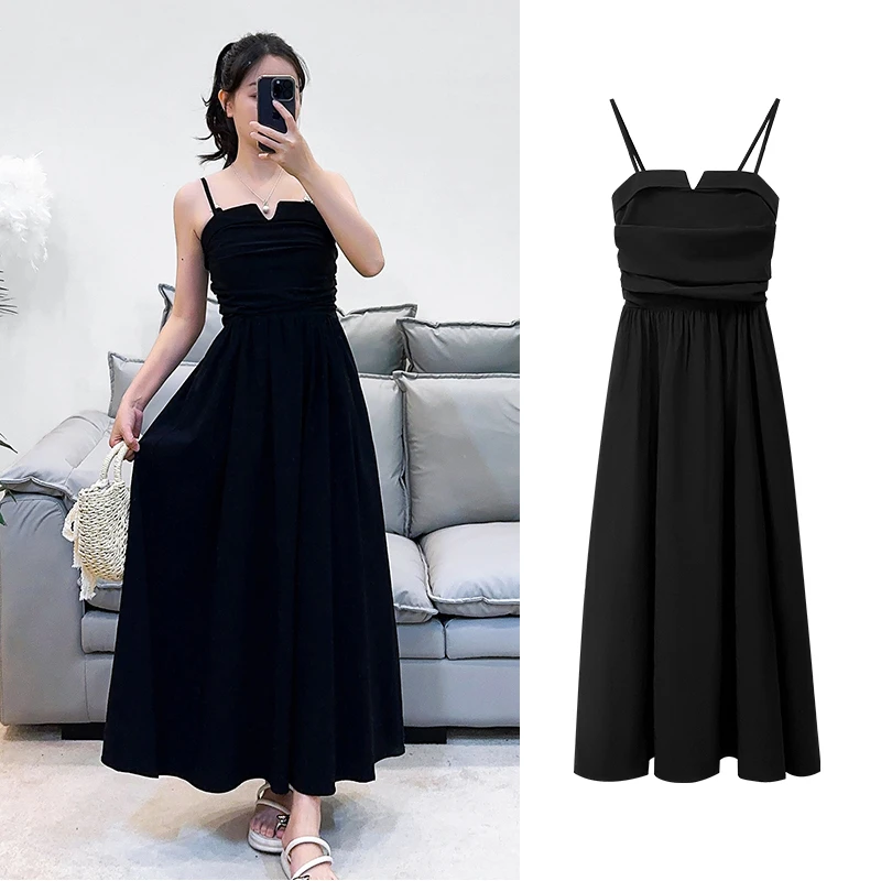 2023夏季女装新款气质简约收腰显瘦高腰显腿长小黑裙吊带连衣裙