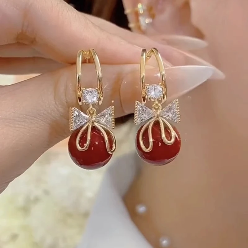 合金耳饰 c-437红色蝴蝶结耳环女耳钩设计感网红爆款耳坠
