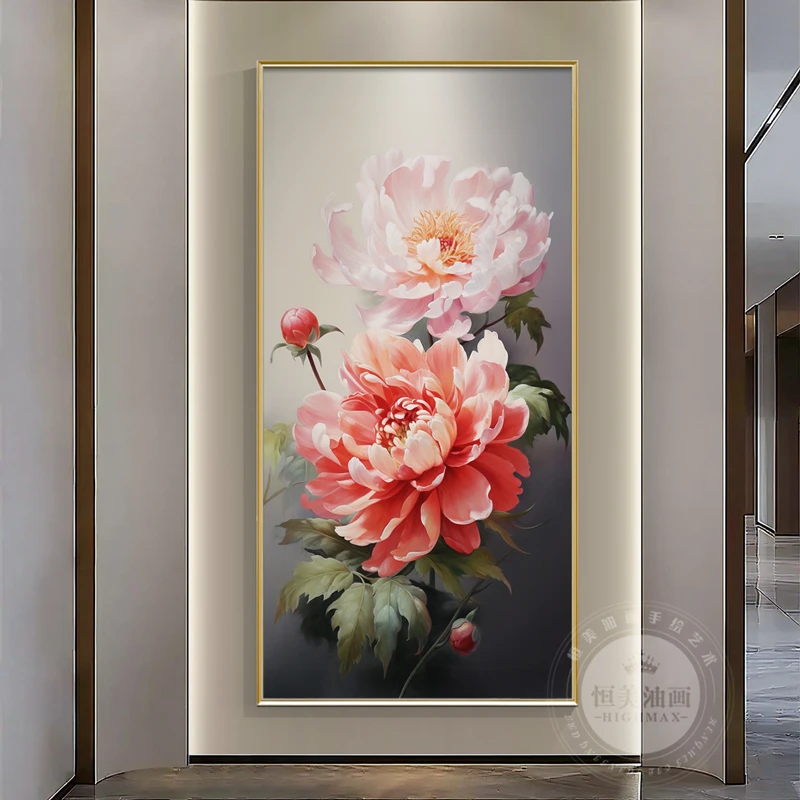 《富贵牡丹》玄关装饰画新中式挂画手绘花卉油画奶油风画大芬油画村