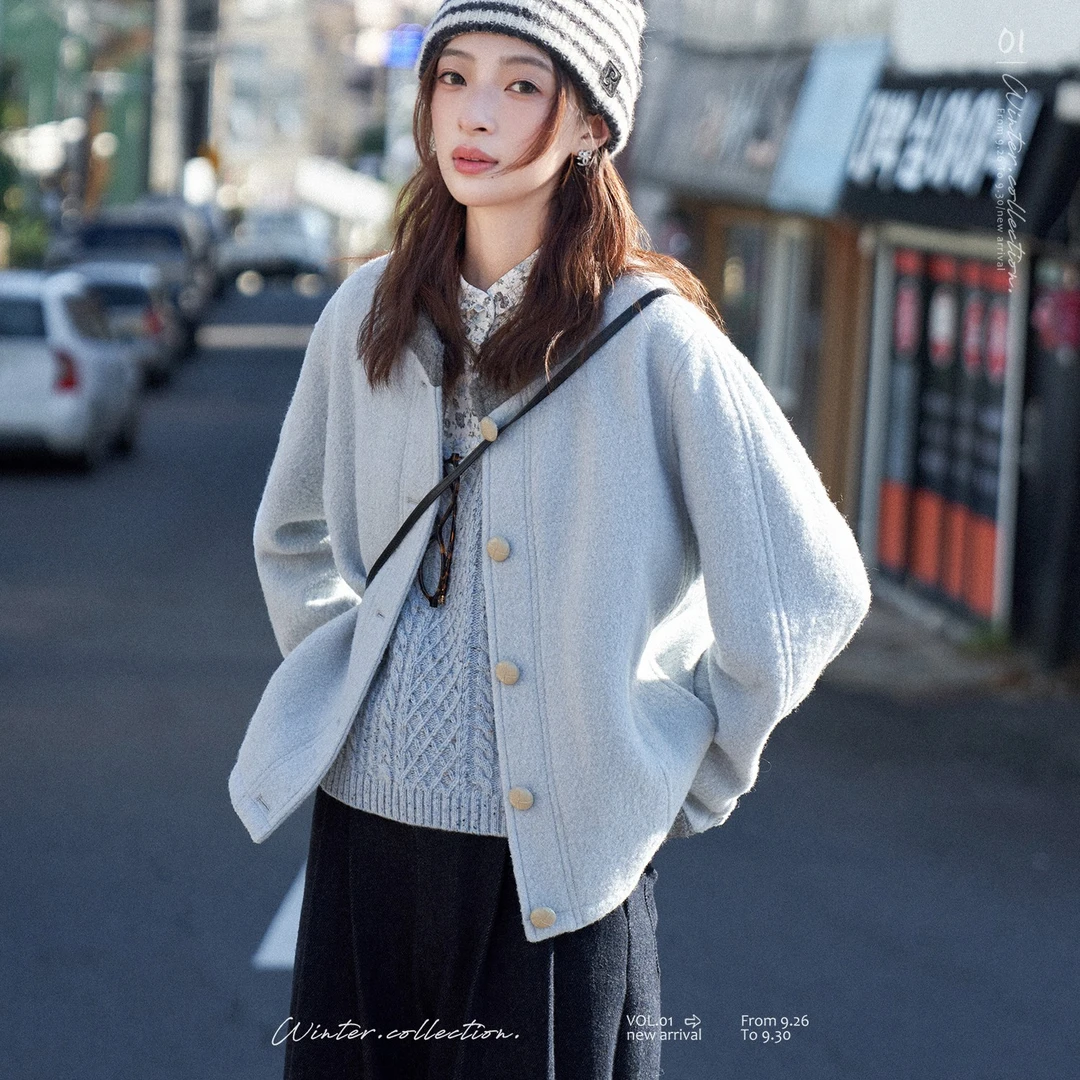 【王雪糕专属】「白描工作间」莱利书坊"100羊毛领小香风毛呢短外套