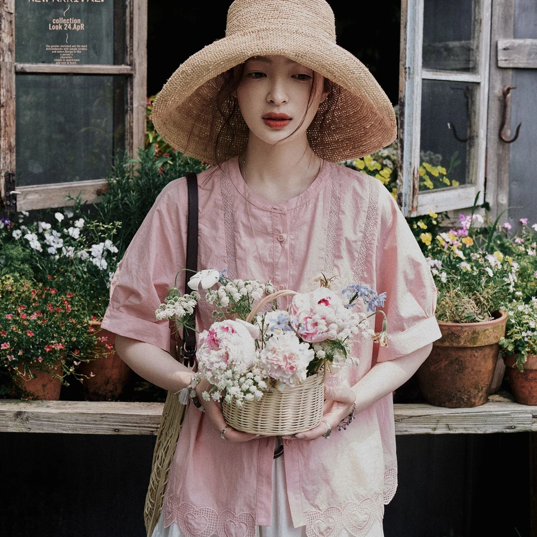 「白描工作间」"心动百利甜"120高支高密空气洗爱心绣花宽松衬衫