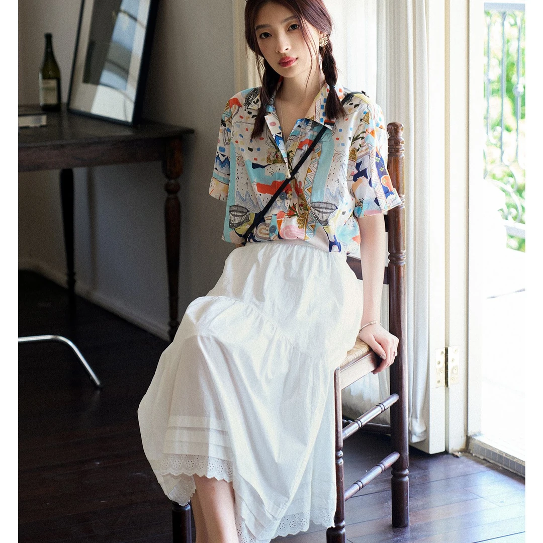 「白描工作间」"椰林集市"苎麻天丝度假风艺术印花短袖衬衫衬衣女