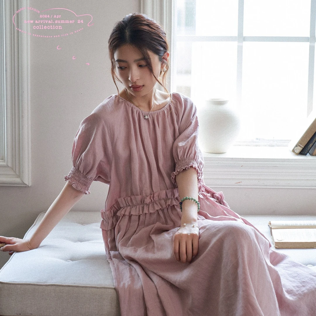 「白描工作间」"涟漪水波"100苎麻设计感荷叶边文艺气质连衣裙