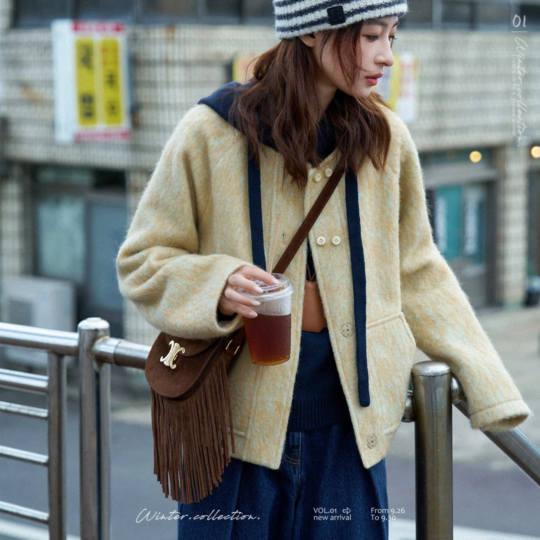 「王雪糕专属」白描工作间"法米尔枫糖"羊毛双排扣圆领毛呢短外套