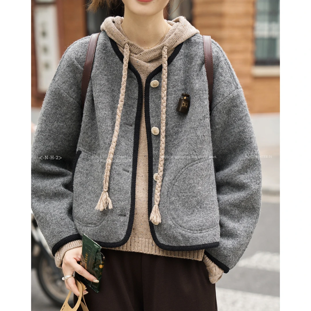 「白描工作间」“落日余晖”立体裁剪小香风双面呢外套L34W101