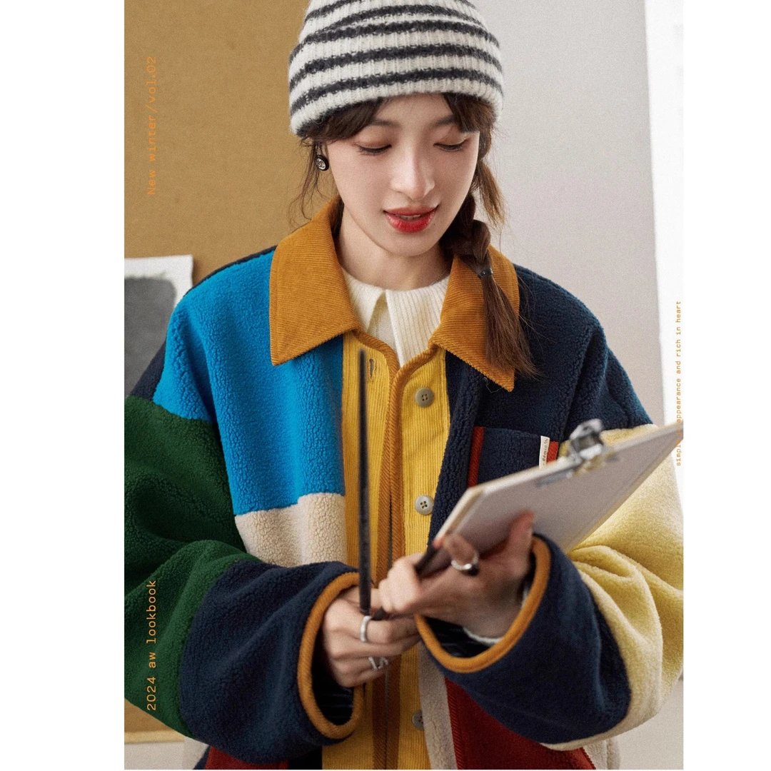 「白描工作间」"色彩马蒂斯"复古多彩格羊羔毛短外套2025女