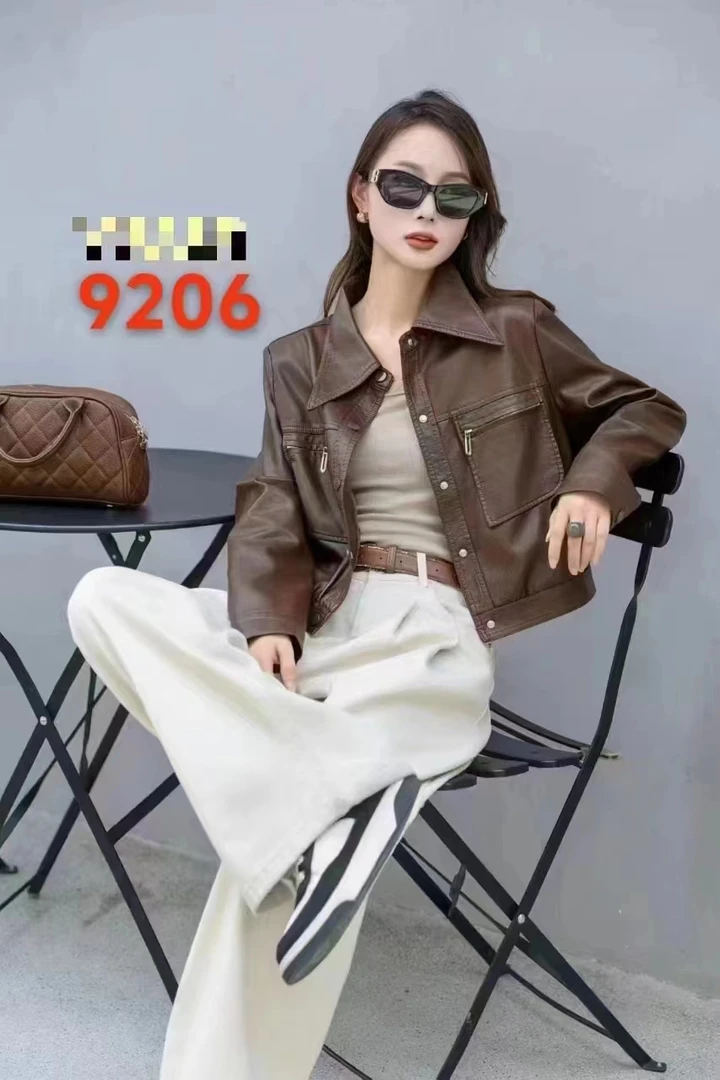 9206休闲显瘦短款机车皮衣女夹克潮流翻领外套加绒百搭时尚