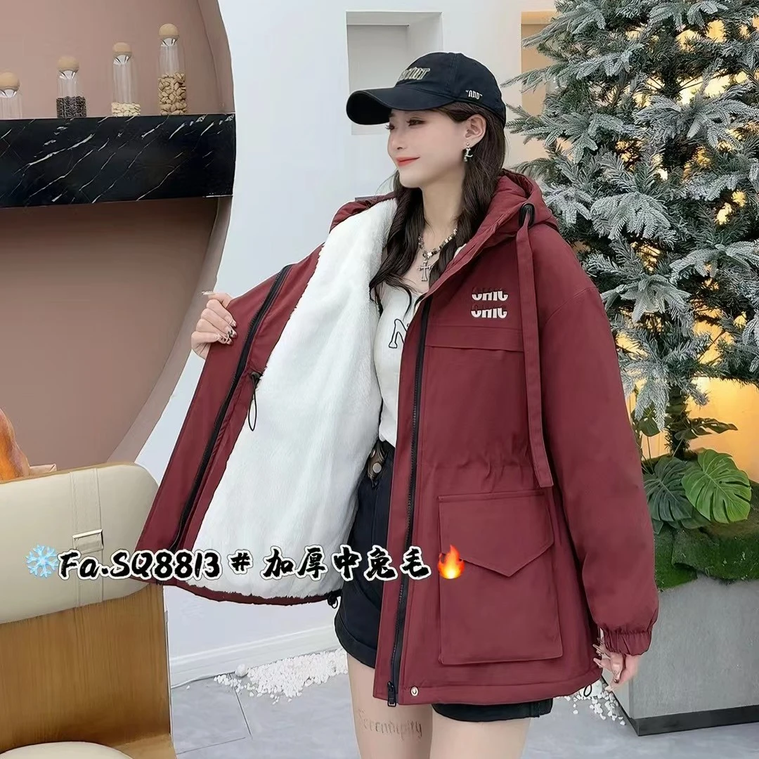 8813本命年外套女安哥拉红连帽收腰冲锋衣棉服舒适保暖派克服宽松