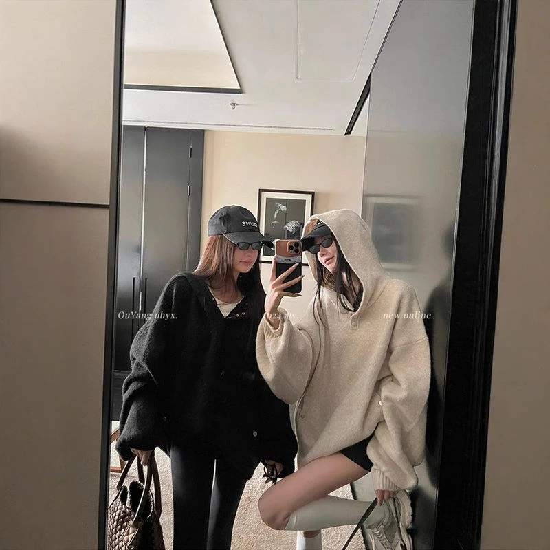 区区欧阳连帽卫衣外套女冬季加厚宽松慵懒风美式复古休闲针织上衣