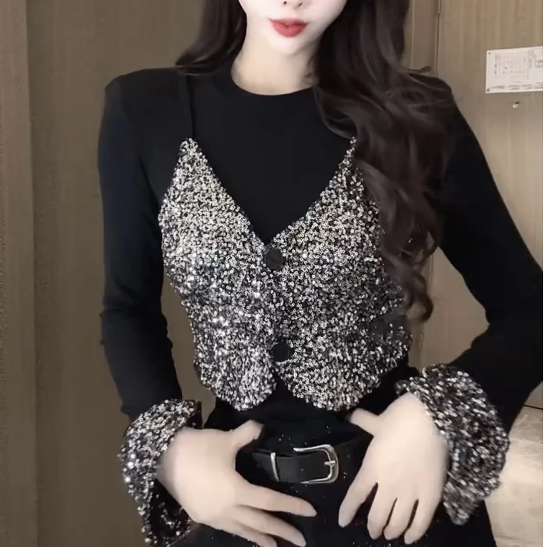 时尚百搭显瘦中厚款女装洋气亮片假两件小衫