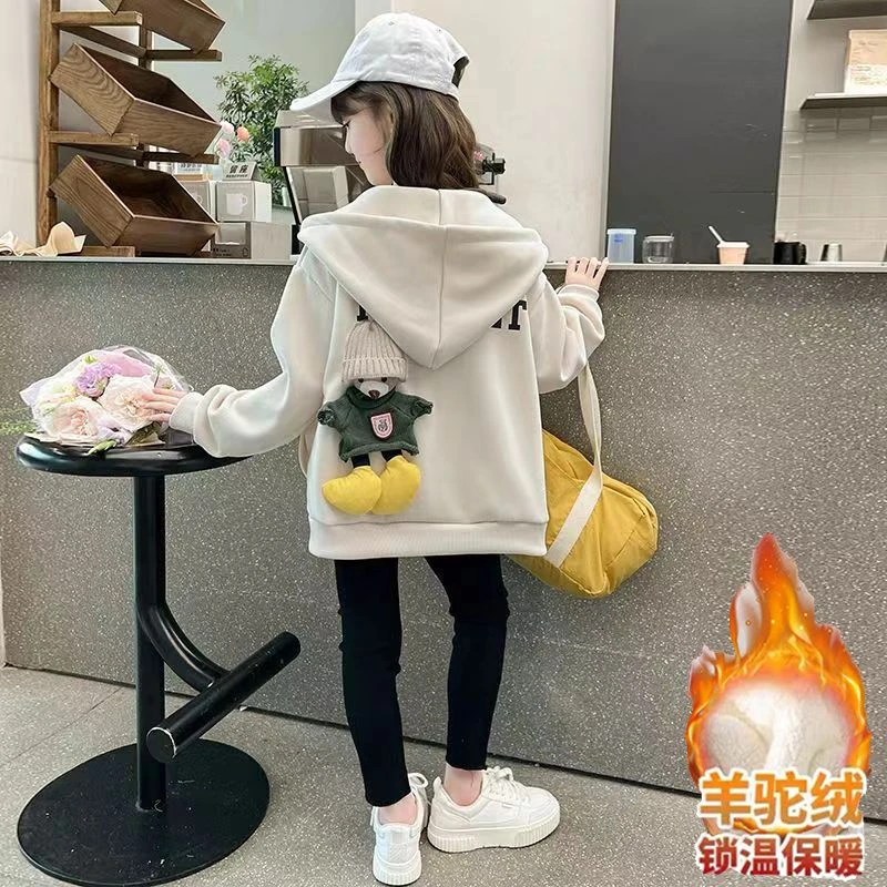 女童外套儿童运动加绒加厚秋冬款2024新款洋气小女孩秋季连帽上衣