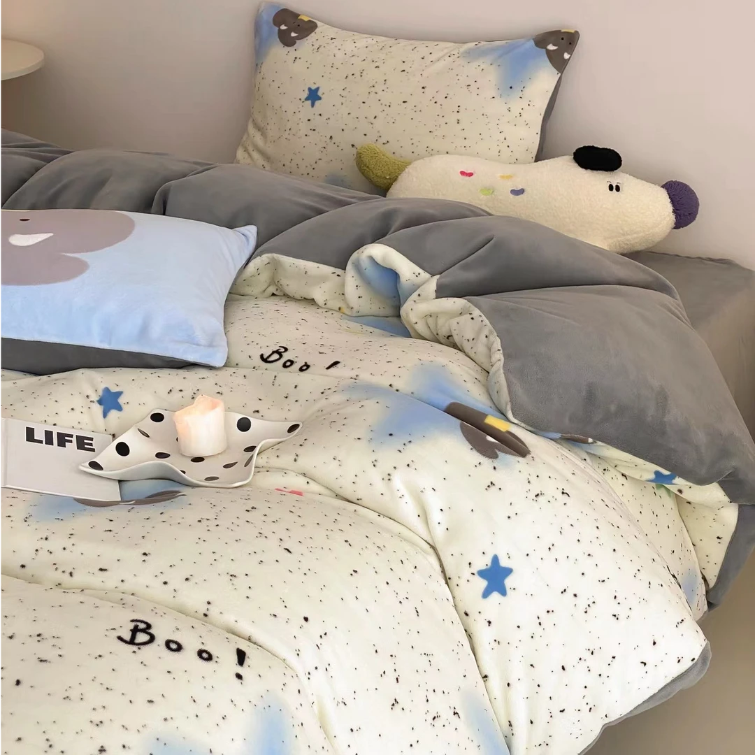冬季简约可爱卡通保暖加绒加厚抗静电牛奶绒四件套单人床被罩床单