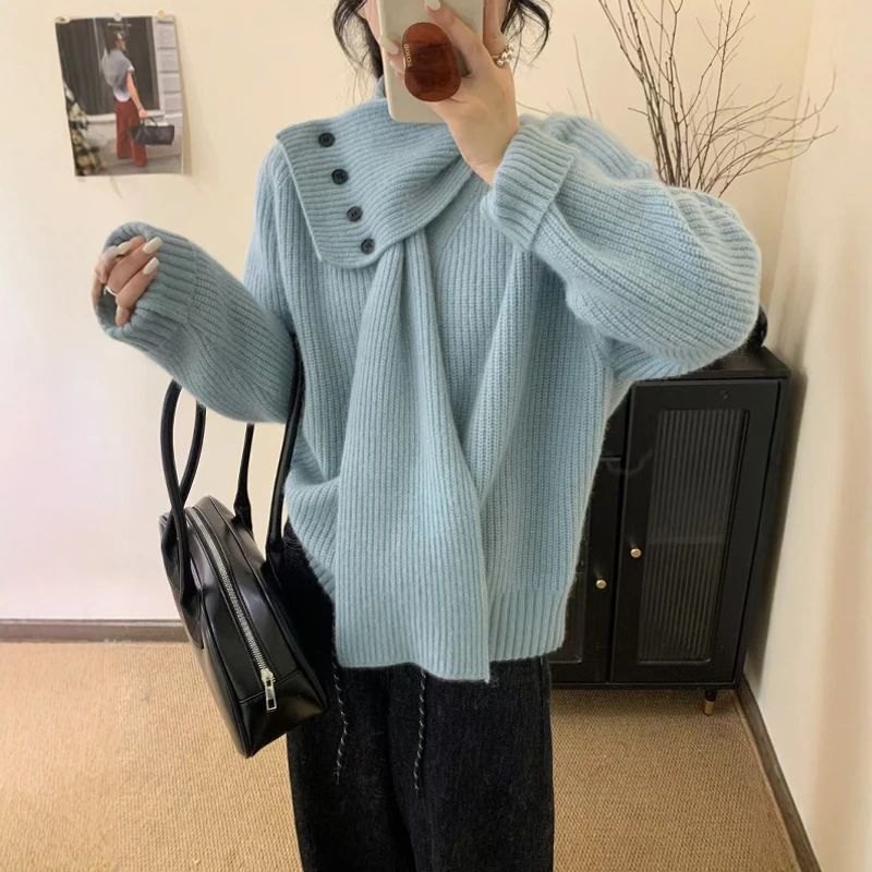 2024秋冬新款加厚打底上衣韩版慵懒风针织衫显瘦宽松围巾领毛衣女