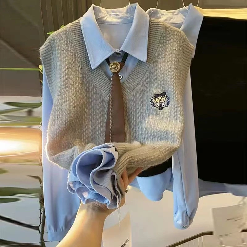 【送领带】2025春秋季新款韩版学院风针织马甲甜美减龄两件套装上衣
