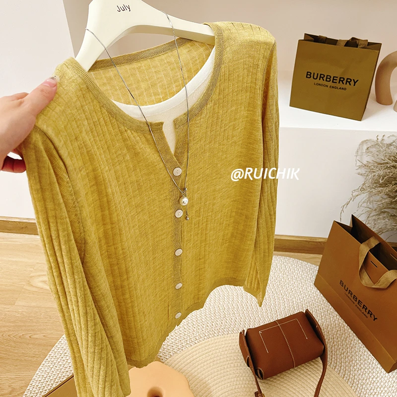 2025早秋新款假两件显白遮肉显瘦百搭长袖针织衫上衣女薄款