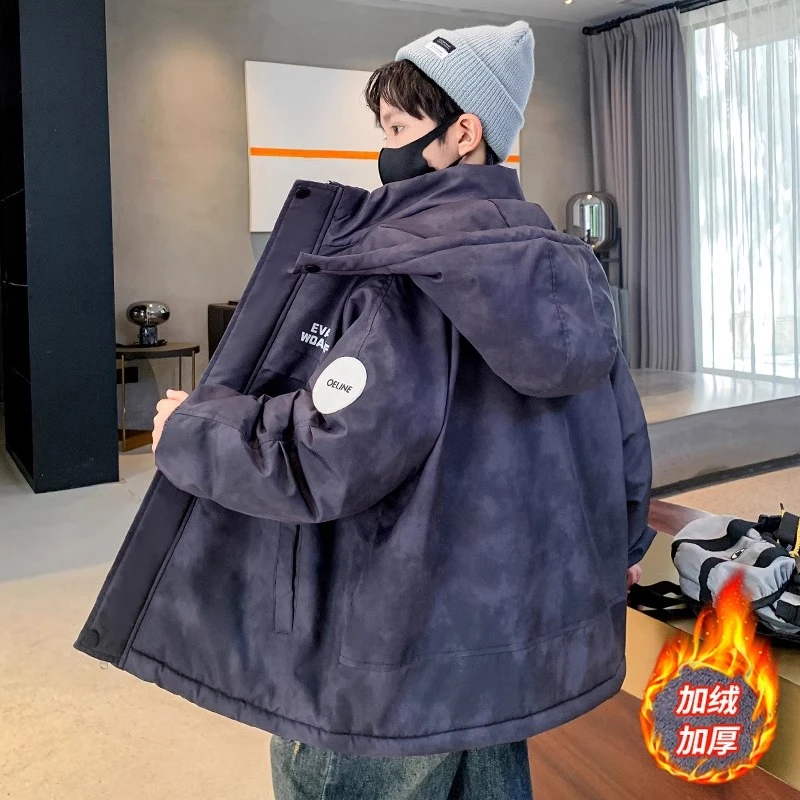 男童加绒外套秋冬款2024新款男孩冬季加厚棉衣儿童冬装扎染派克服