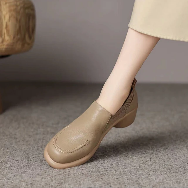 2024秋冬新款百搭时尚真皮女鞋复古粗跟厚底高跟圆头英伦风单鞋