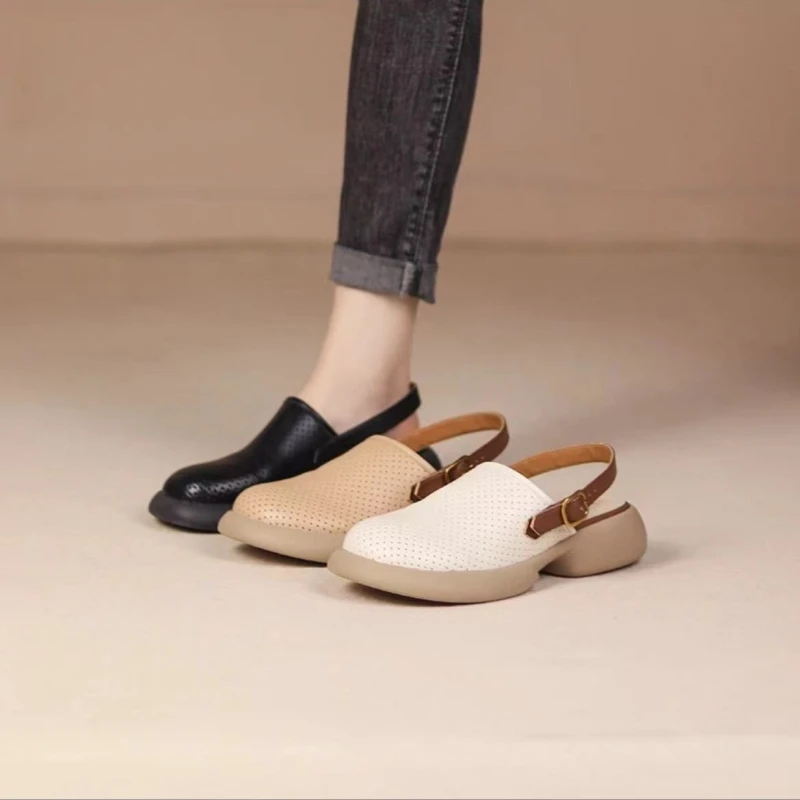 听纯夏新款真皮凉鞋女复古百搭平底洞洞凉拖外穿时尚沙滩鞋9181