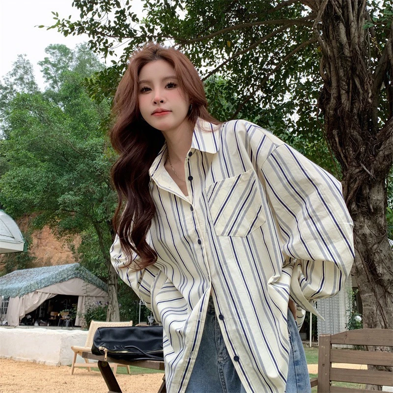 韩版潮流时尚休闲衬衫【No退No换】慵懒风条纹衬衫