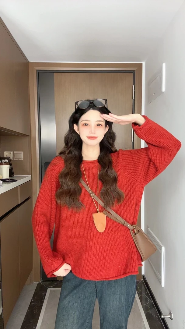 2024秋冬新款粗针超好看韩系慵懒风粗线针织衫圆领宽松设计感