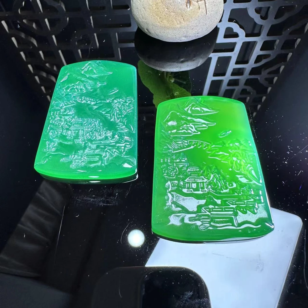 S1975【福嘟嘟】冰翠芙蓉玉绿玛瑙山水牌吊坠-配珠链-多样性发一件