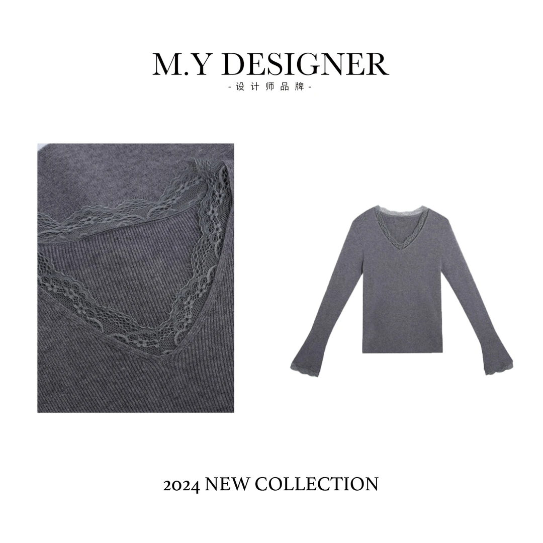 M.Y 媛总 暗藏心机V领蕾丝拼接针织套头毛衫-70132-1