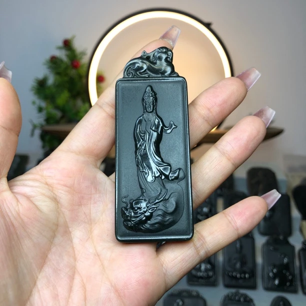 和田玉青玉山水玉龙观音吊坠