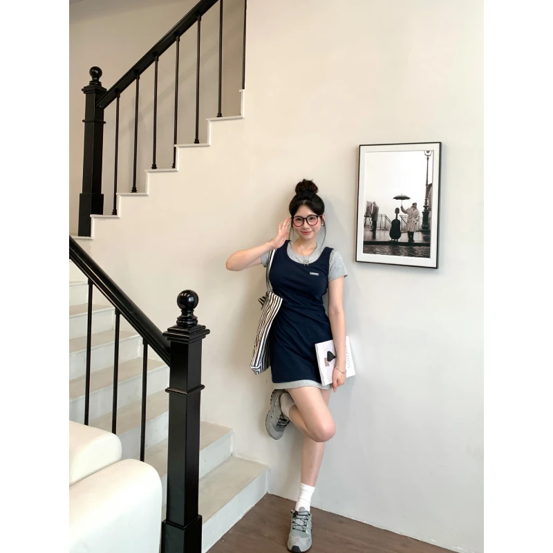 【石蕊专享】法式假两件圆领短袖连衣裙夏季休闲百搭显瘦连衣裙