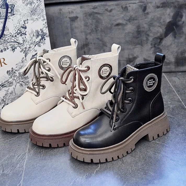 25746784开女鞋靴子时尚百搭英伦风秋冬韩版系带真皮厚底