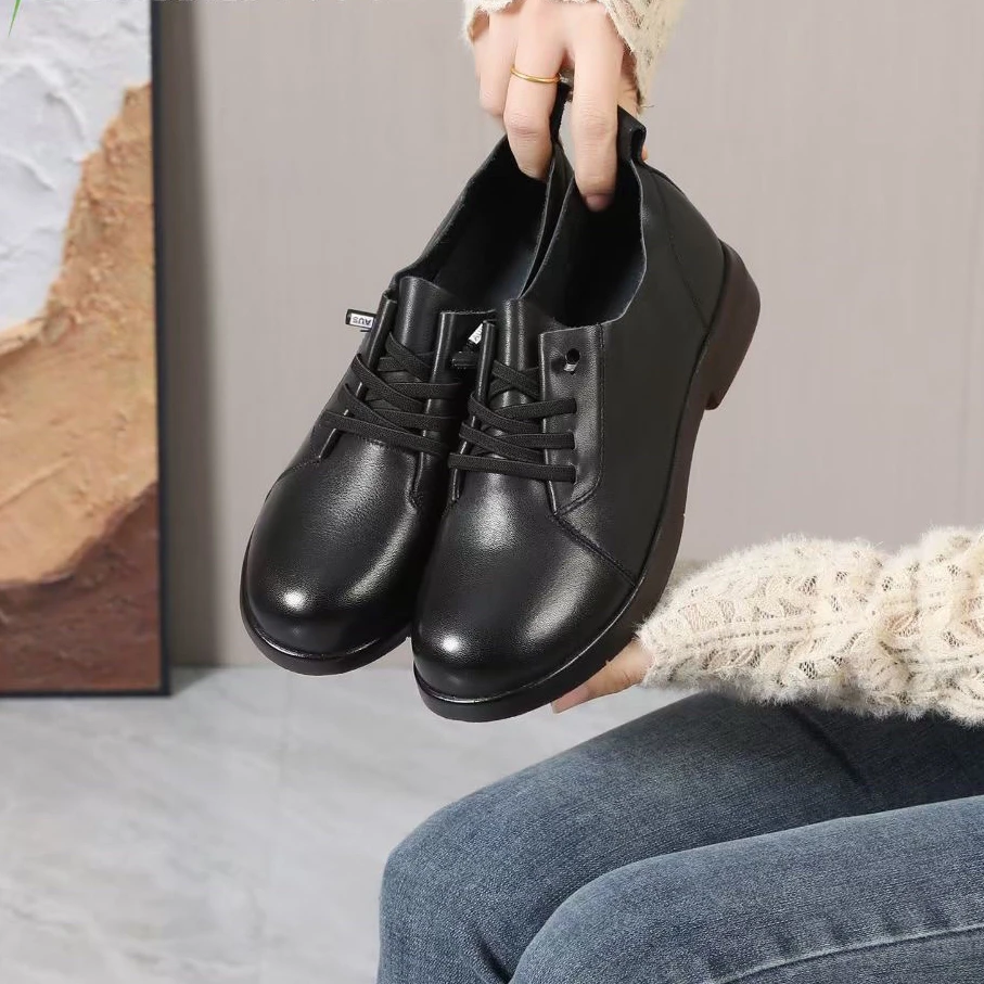 2225027开女鞋单鞋妈妈鞋舒适时尚百搭黑色真皮女士软底平底