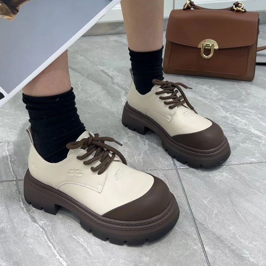 3695052开女鞋时尚休闲鞋百搭真皮粗跟厚底学院风英伦风秋季系带