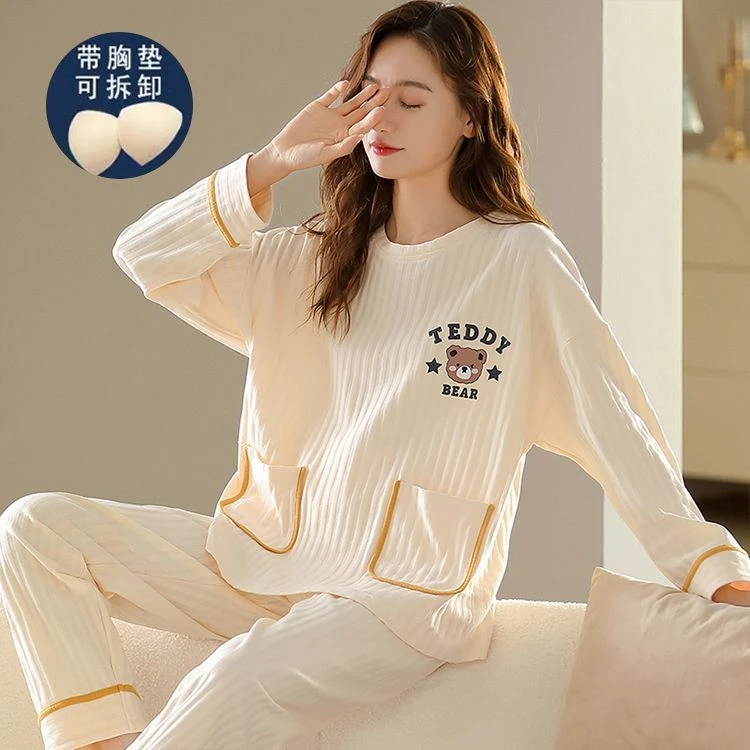 冬季纯棉睡衣女带胸垫长袖长裤套装春秋大码宽松孕妇家居服可外穿