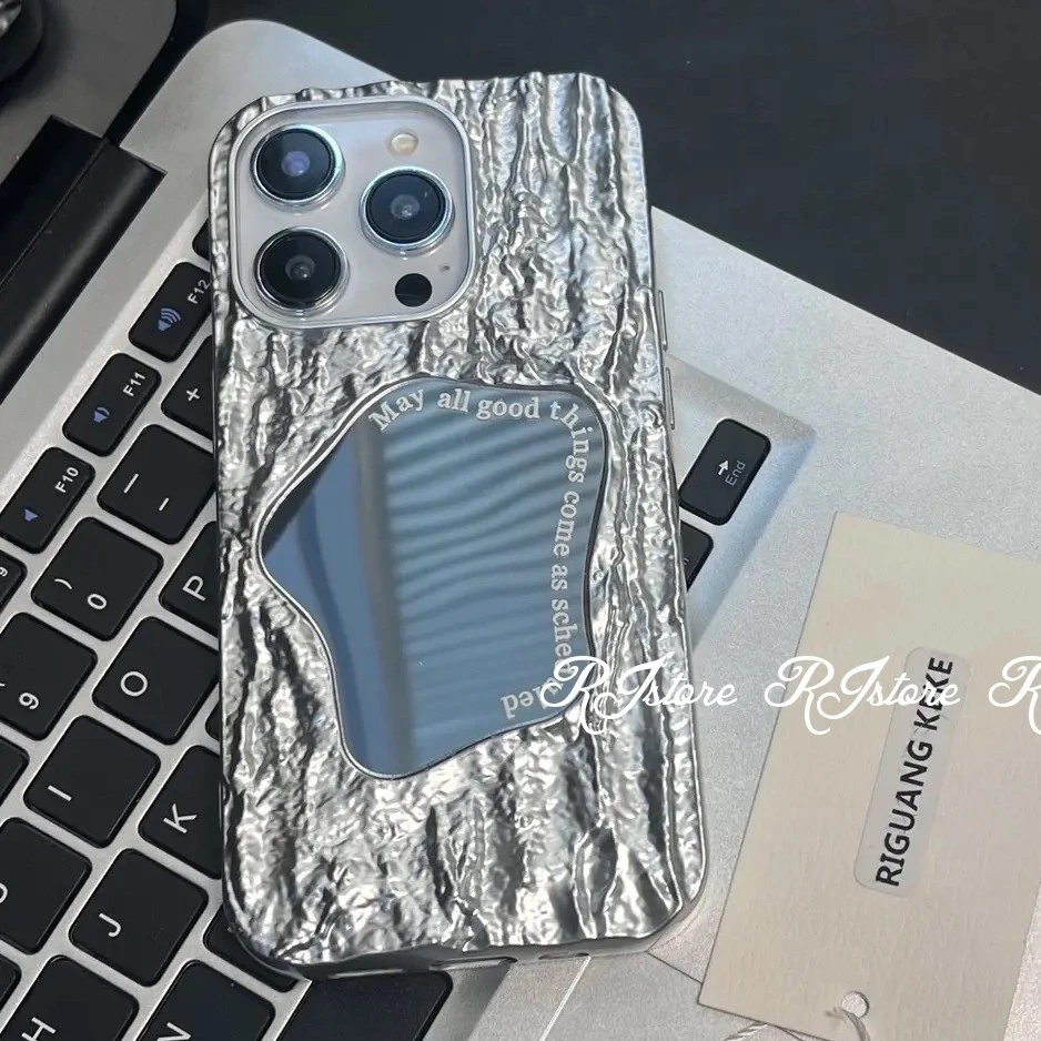 ins电镀银褶皱镜面苹果15promax手机壳iPhone13女14高级12软11套
