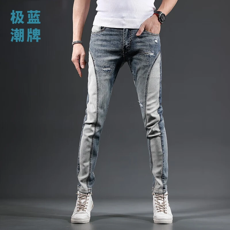 欧美潮牌拼接破洞补丁时尚百搭牛仔裤男潮流个性修身小脚男士长裤