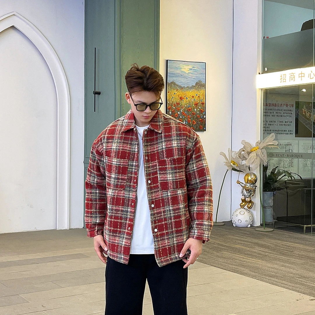 【衣工男】冬季新款复古港风衬衫毛呢格子外套 情侣款 28003