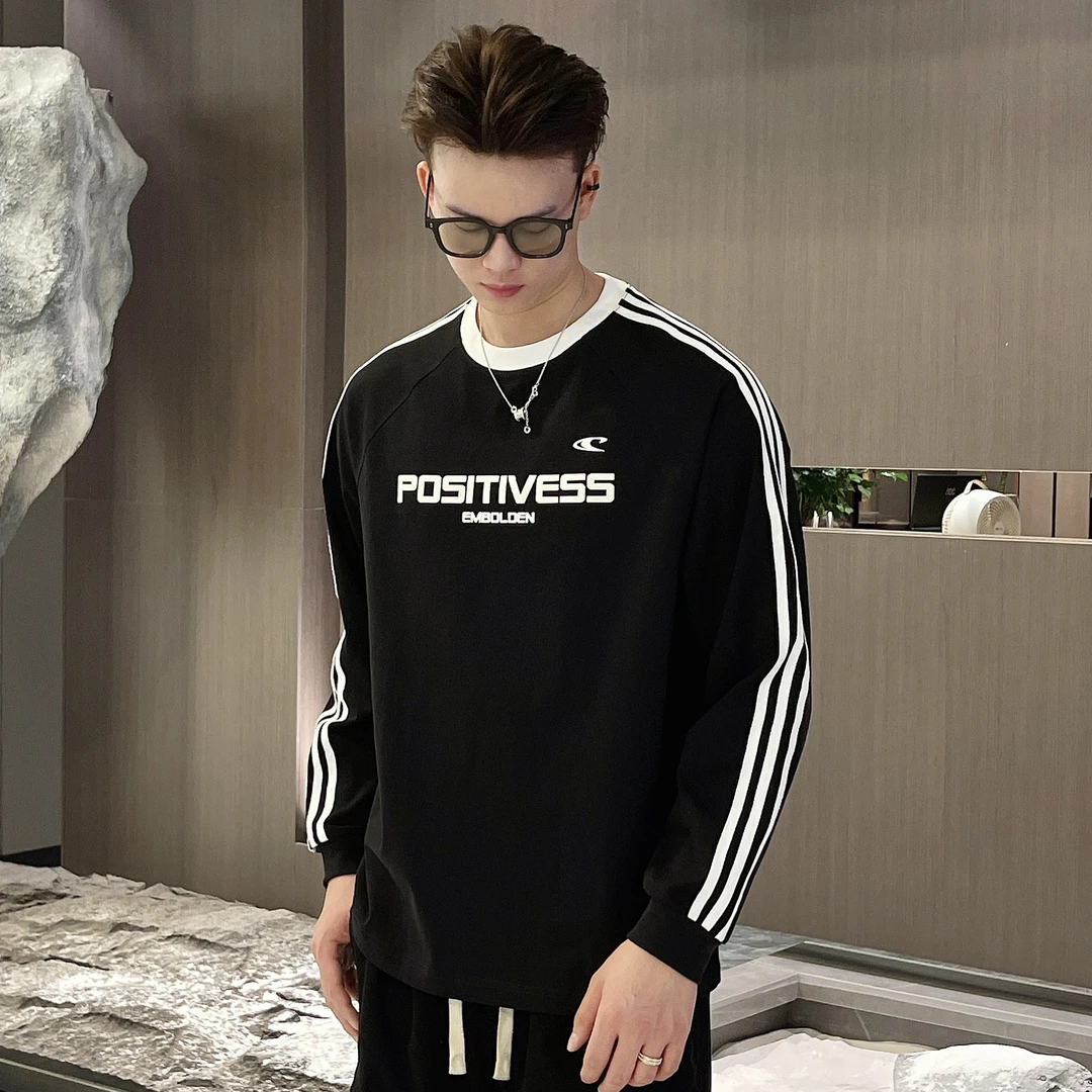 衣工男品牌秋季重磅300克字母发泡印花三杠圆领长袖T恤 88703 KPS