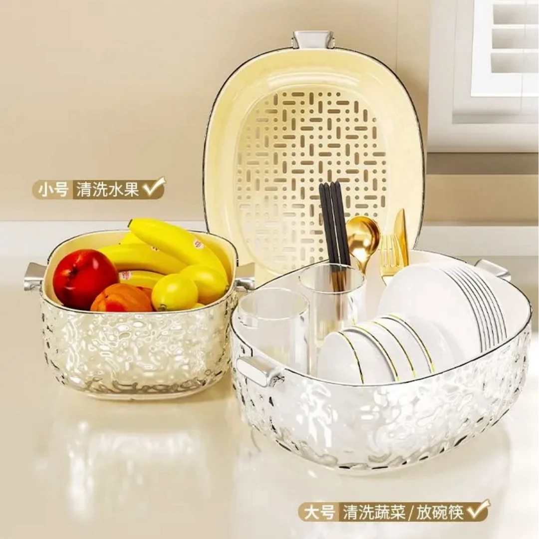 水波纹双层沥水篮透明轻奢高颜值果蔬洗菜篮家用加厚滤水果盘篮