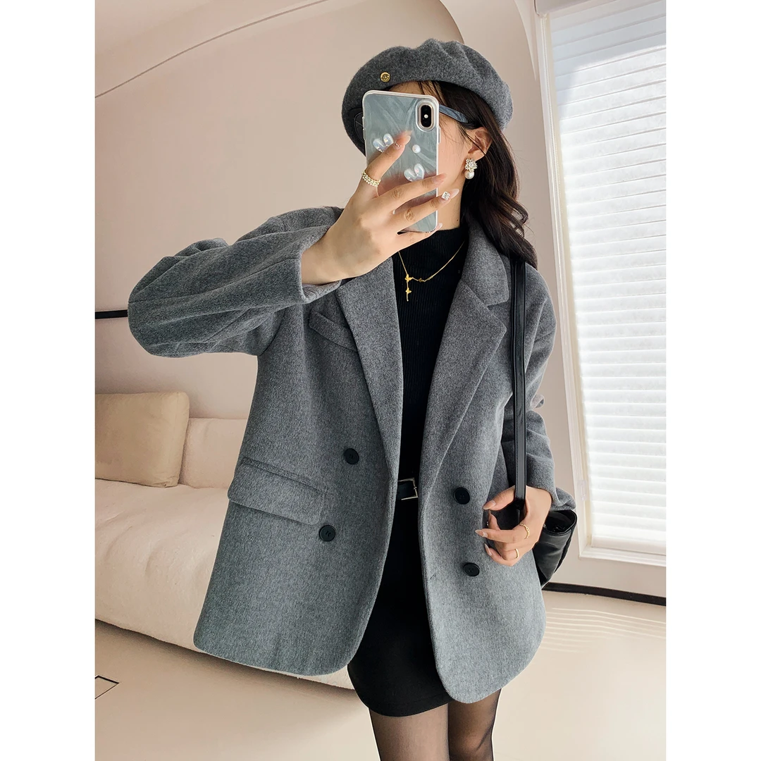 秋冬季保暖毛呢小西装外套韩版休闲西服夹棉厚实感灰色上衣女潮