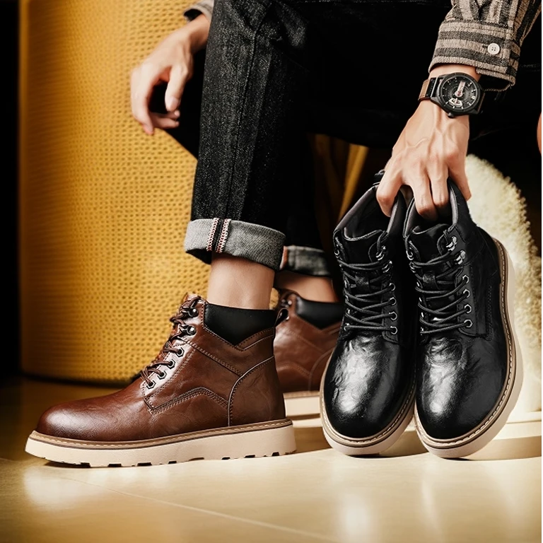 秋冬男士潮流休闲马丁靴时尚百搭厚底英伦高帮靴子复古真皮工装靴