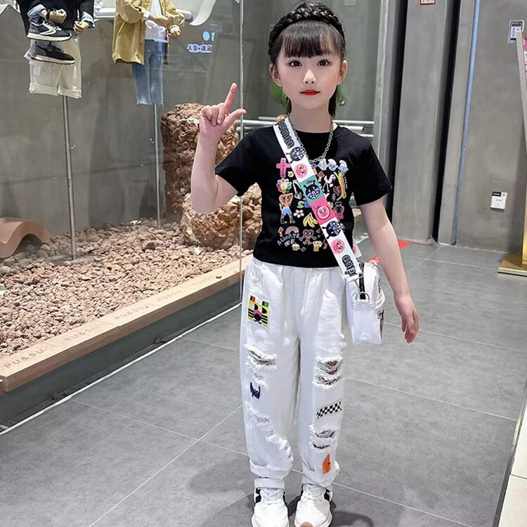 新款网红潮流炸街套装时尚夏季6-14岁女童中大童印花薄款夏装韩版