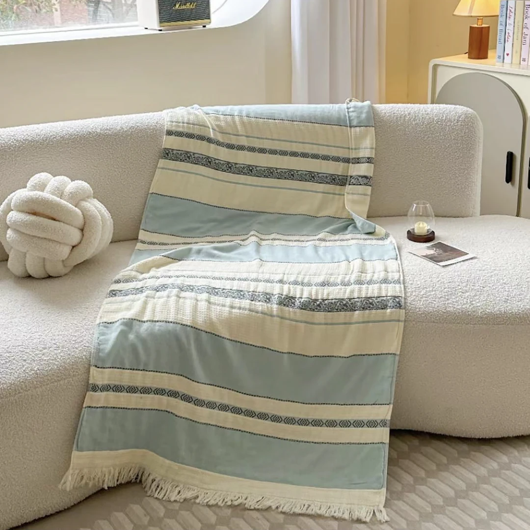 T241 纯棉四层流苏款纱布浴巾 日暮里-蓝80*160多功能简约柔软